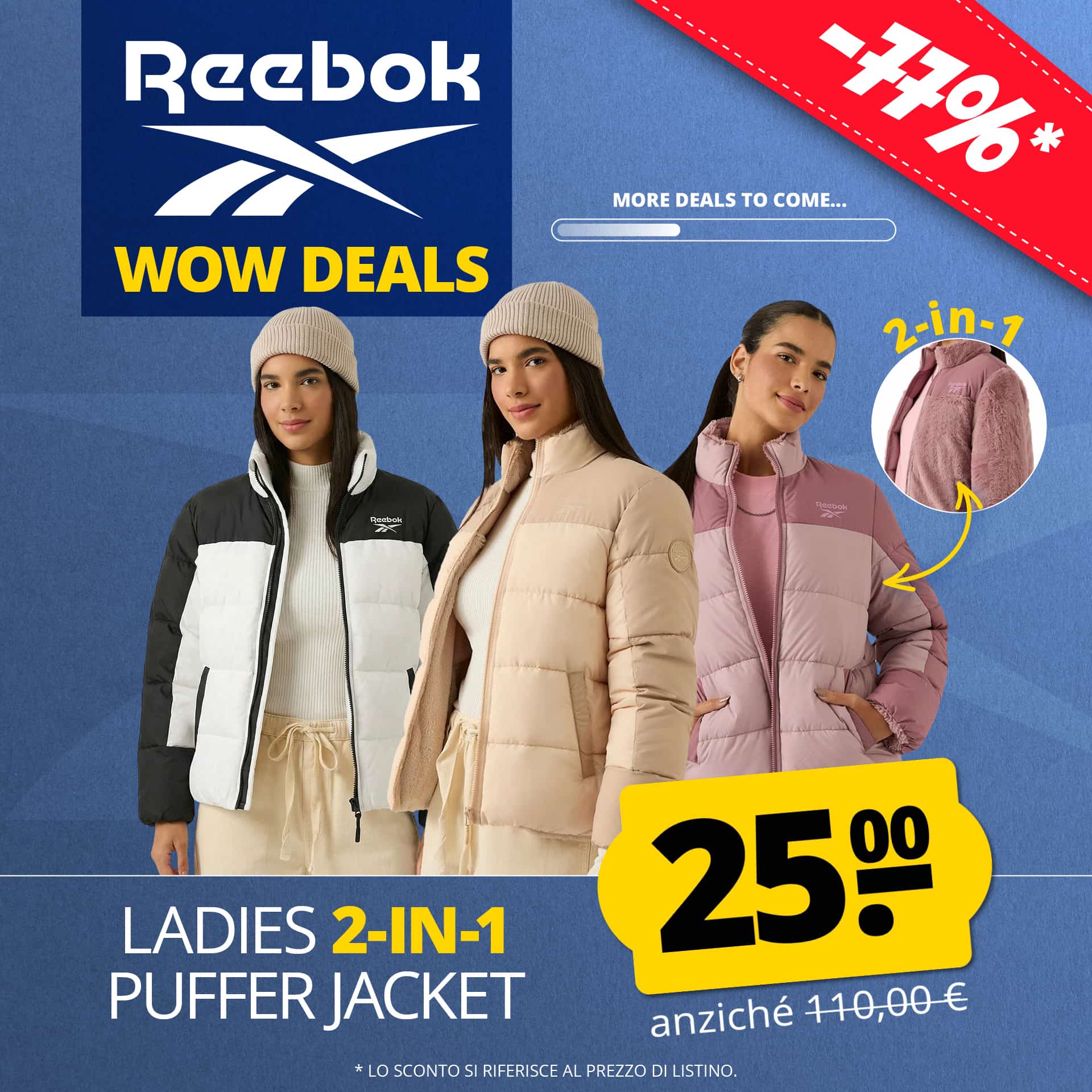 reebok 2 in 1 puffer reversible donna giacca invernale