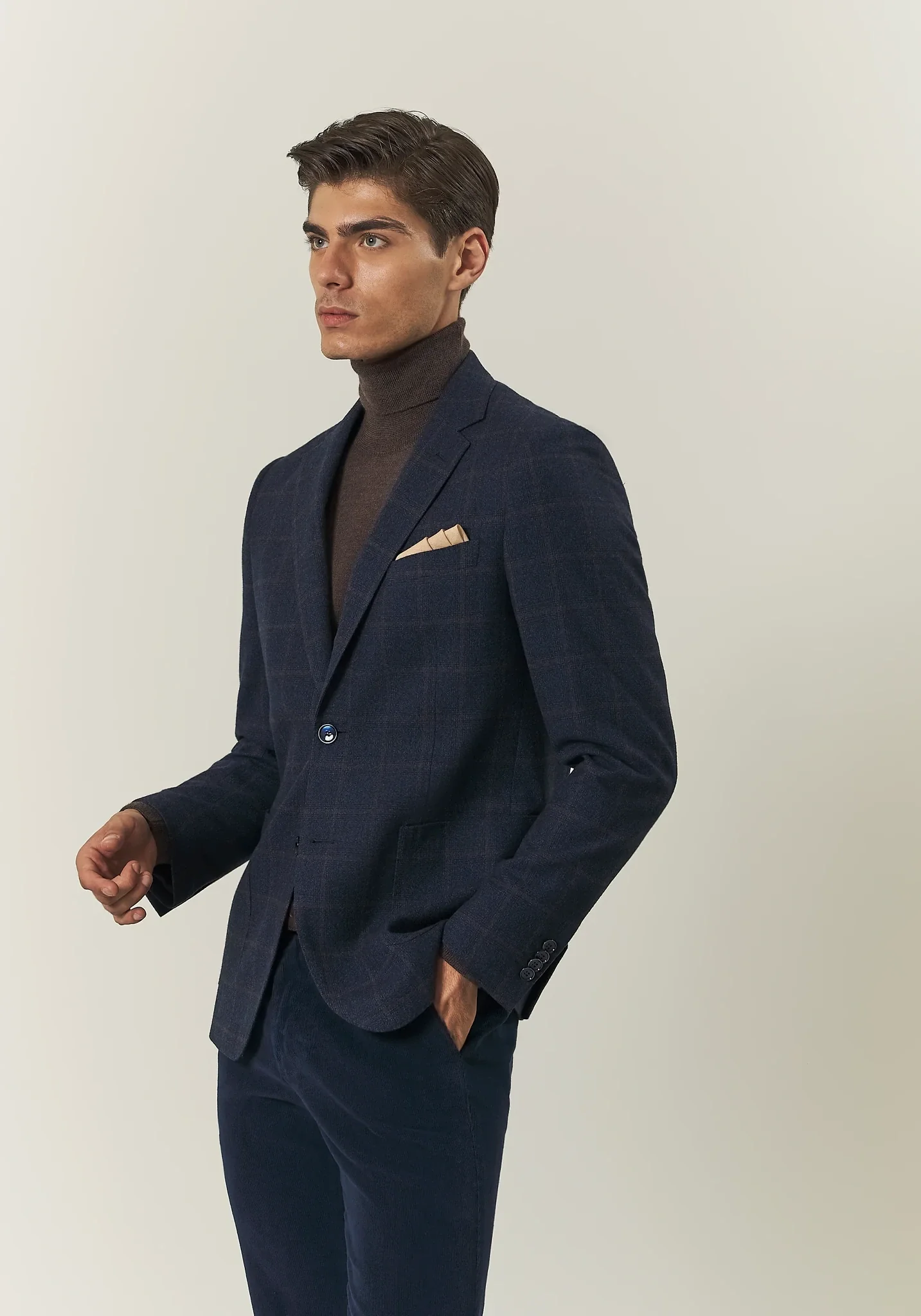 Image of Giacca blu check marrone lana custom fit