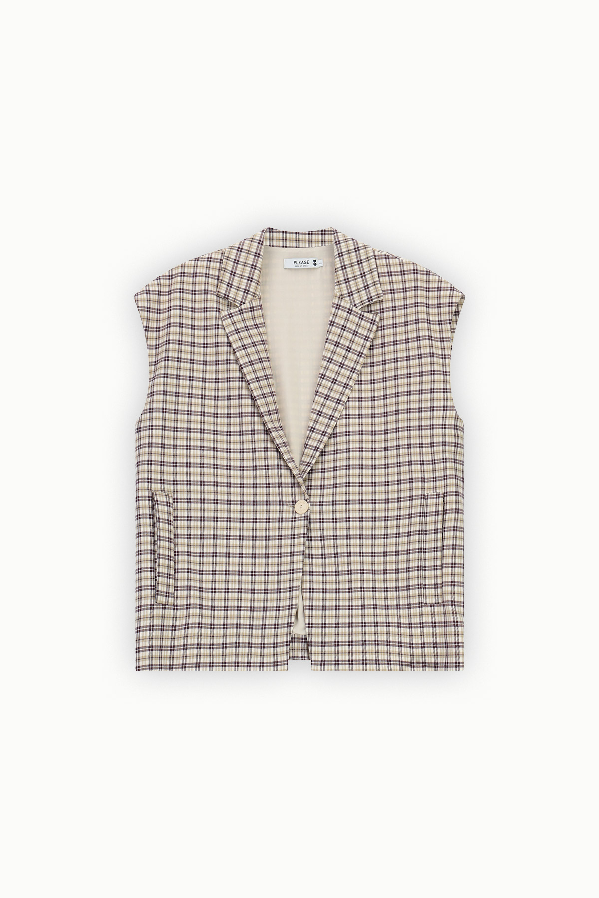 Sleeveless checked blazer vest in cream, navy and brown with single button and notched lapel