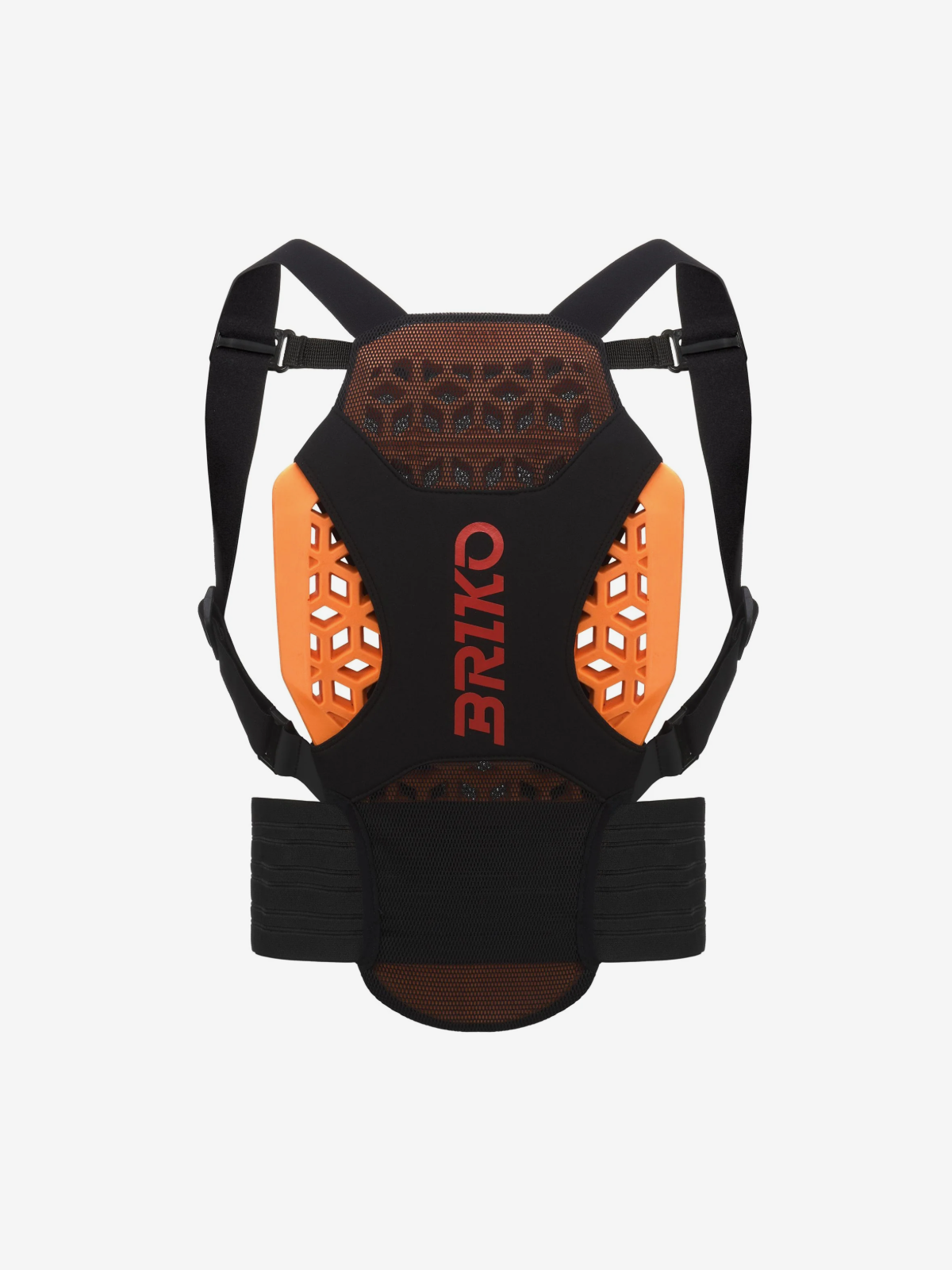 an image of a black and orange chest brace with a red logo