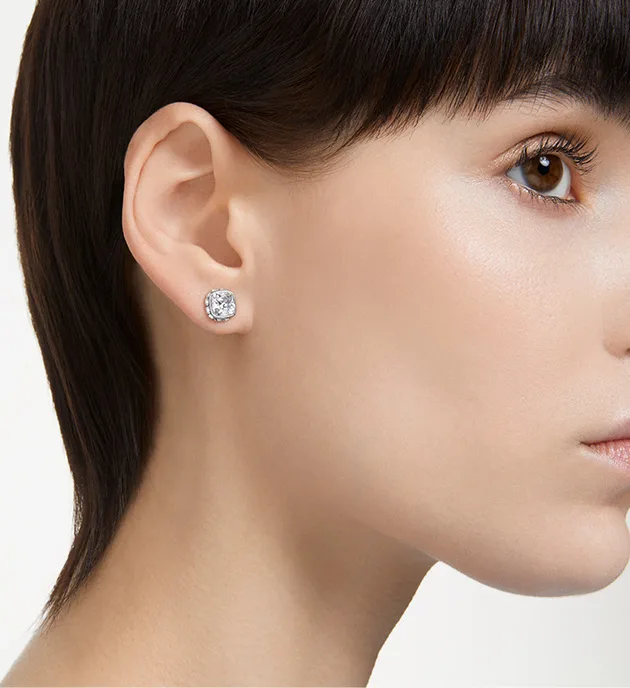 Orecchini a lobo Birthstone, Taglio squadrato, Aprile, Bianchi, Placcato rodio