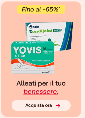 Integratori Yovis e TendiJoint Forte con testo "Alleati per il tuo benessere" e sconto fino al 65%. Bottone: Acquista ora.