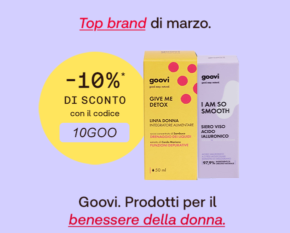 Grafica promozionale su sfondo lilla con il testo: &ldquo;Top brand di marzo&rdquo;, con &ldquo;Top brand&rdquo; in rosso corsivo e sottolineato. A sinistra un bollino giallo indica: &ldquo;-10% di sconto con il codice 10GOO&rdquo;. A destra due prodotti Goovi: &ldquo;Give Me Detox&rdquo; (integratore drenante) e &ldquo;I Am So Smooth&rdquo; (siero viso all&rsquo;acido ialuronico). In basso la scritta: &ldquo;Goovi. Prodotti per il benessere della donna&rdquo;, con &ldquo;benessere della donna&rdquo; evidenziato in rosso.