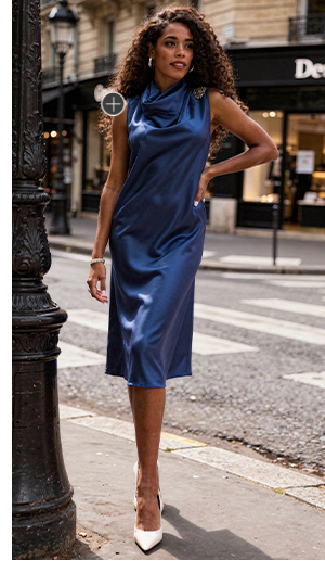 Abito midi dal taglio smanicato in raso con applicazioni e collo alto