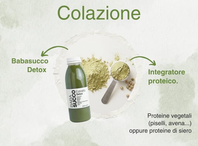 bottiglia di babasucco estratto detox accanto a polvere proteica con misurino, proposta per la colazione