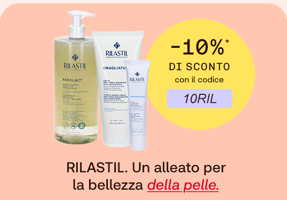 Tre prodotti Rilastil per la cura della pelle (detergente Xerolact e trattamenti Smagliature) su sfondo pesca. A destra un bollino giallo indica: &ldquo;-10% di sconto con il codice 10RIL&rdquo;. In basso il testo: &ldquo;Rilastil. Un alleato per la bellezza della pelle&rdquo;, con &ldquo;della pelle&rdquo; evidenziato in rosso corsivo e sottolineato.