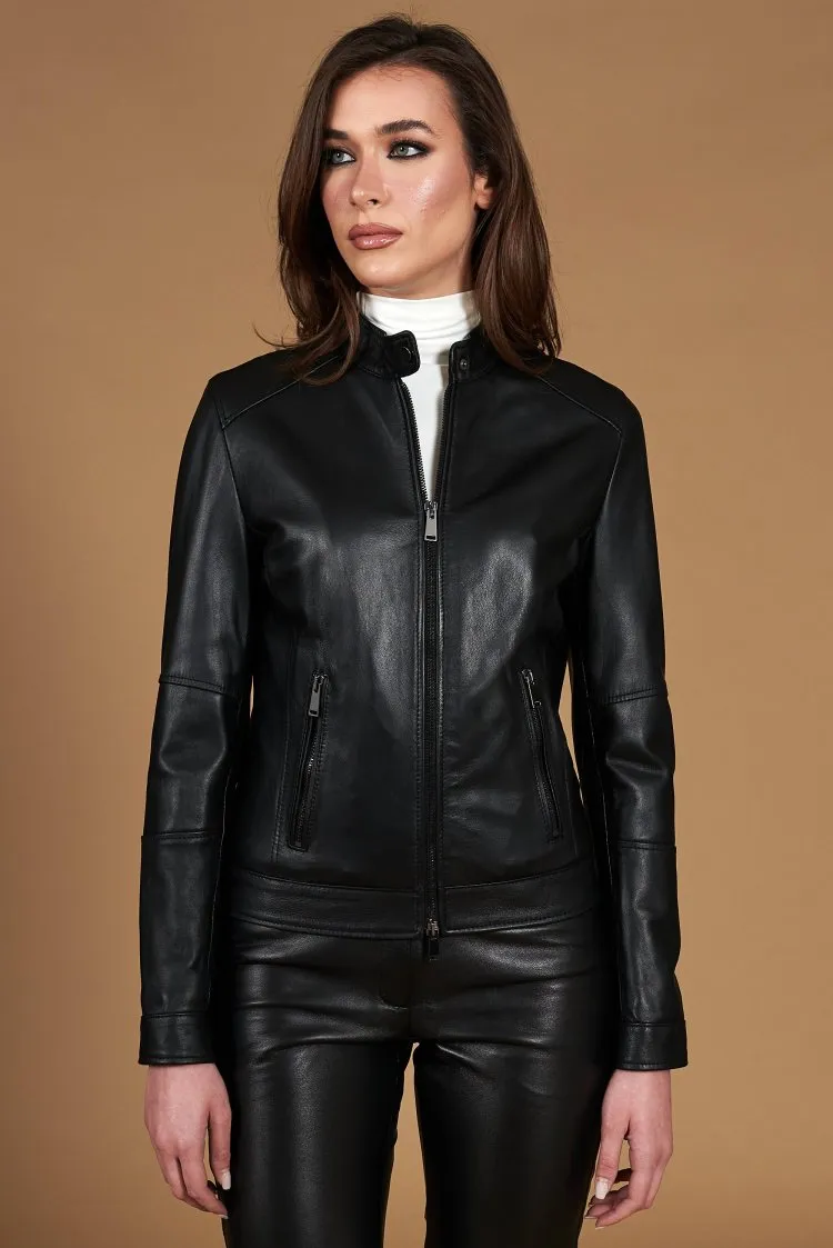 Image of Giacca biker in pelle nera nappa effetto liscio