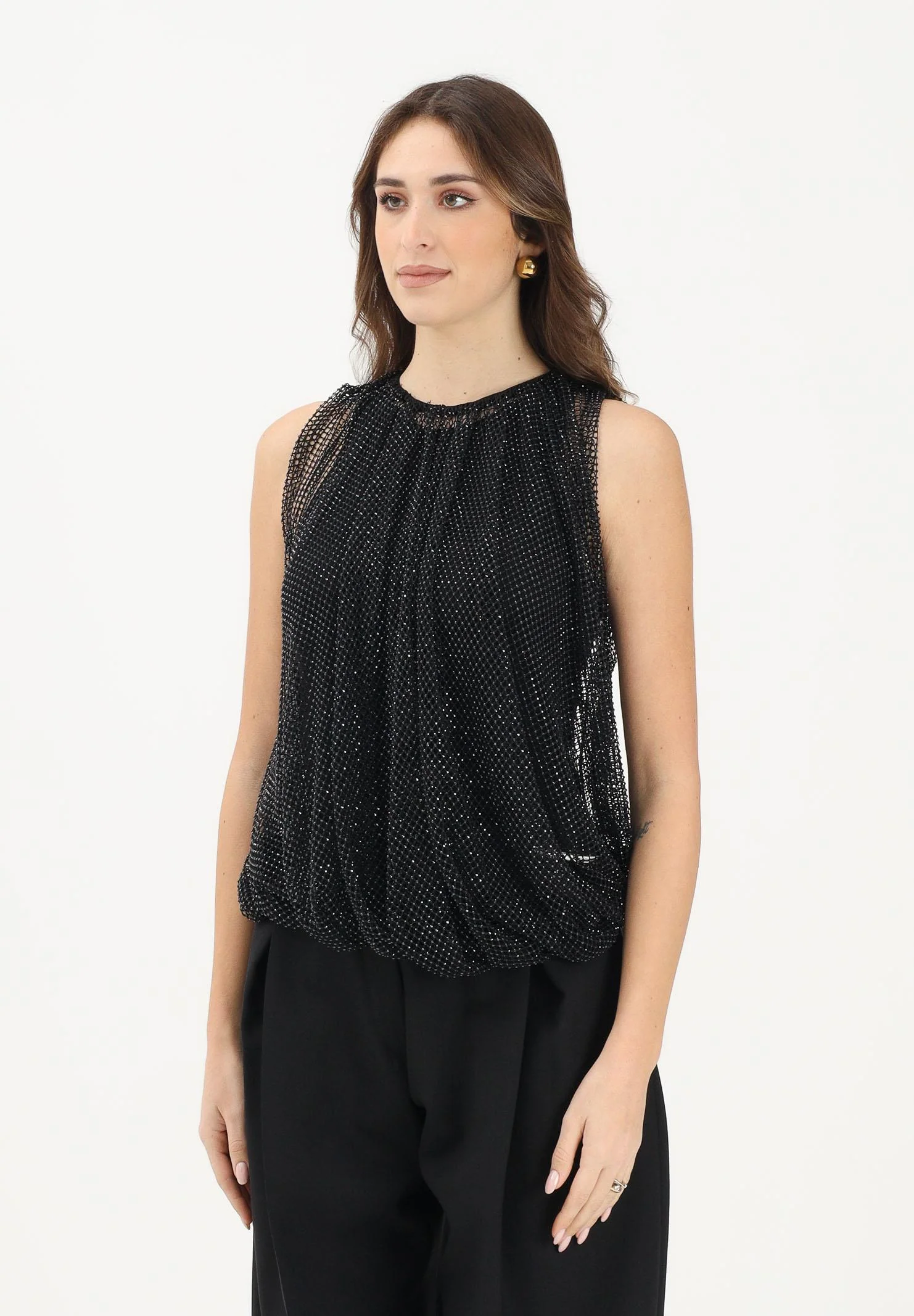 Image of SPORTMAX Canotta SPXNODO nera da donna in rete con strass
