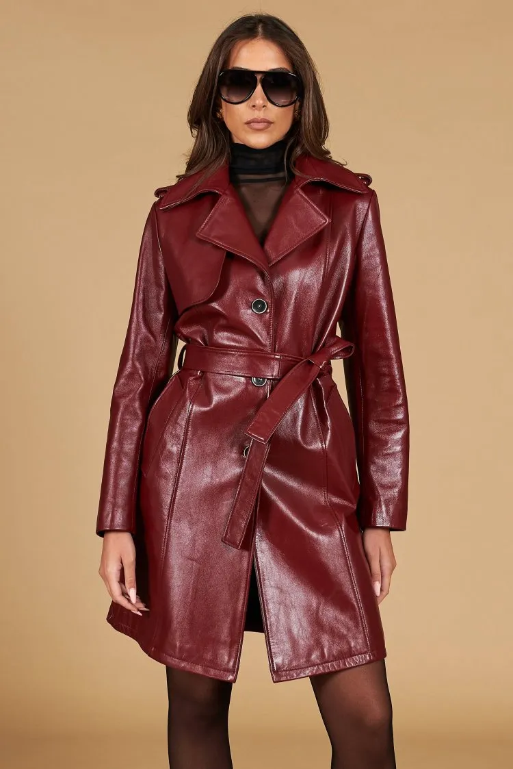 Image of Cappotto in pelle rosso ancora con cintura effetto liscio