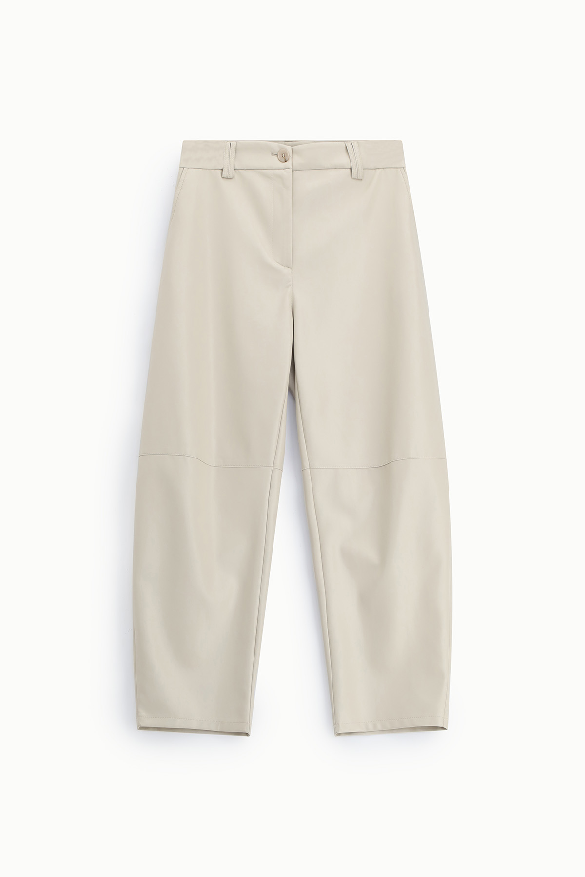 Beige wide-leg cropped trousers with belt loops and horizontal knee seam, flat-lay on white background
