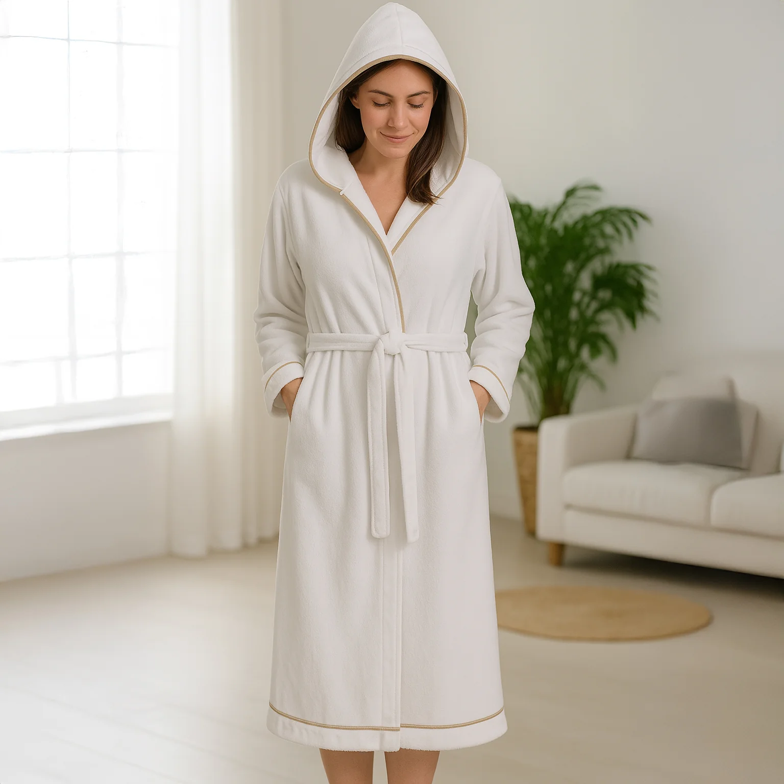 Image of Accappatoio in Spugna con Cappuccio <br>e finiture Overlock - <b>Reunus