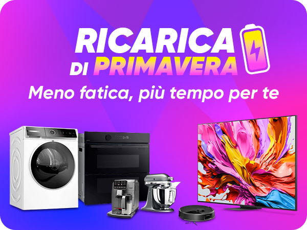Spring recharge promotion banner showing household appliances — washing machine, oven, espresso maker, stand mixer, robot vacuum and TV with tagline 'Less effort, more time for you'.