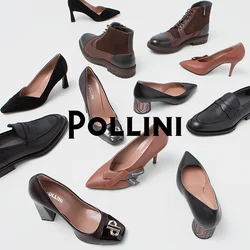 Una collezione di vari tipi di scarpe, tra cui tacchi, mocassini e stivali, in pelle nera, marrone e beige, che mostrano design e texture diverse.