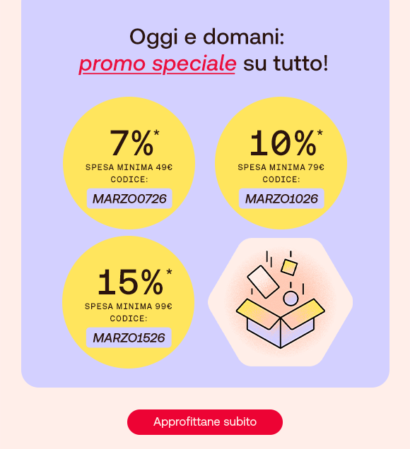 Grafica promozionale su sfondo lilla con il testo: &ldquo;Oggi e domani: promo speciale su tutto!&rdquo;, con &ldquo;promo speciale&rdquo; evidenziato in rosso corsivo e sottolineato. Tre bollini gialli mostrano sconti progressivi: 7% con spesa minima 49&euro; (codice MARZO0726), 10% con spesa minima 79&euro; (codice MARZO1026), 15% con spesa minima 99&euro; (codice MARZO1526). A destra un&rsquo;illustrazione di una scatola aperta con elementi che saltano fuori. In basso pulsante rosso: &ldquo;Approfittane subito&rdquo;.