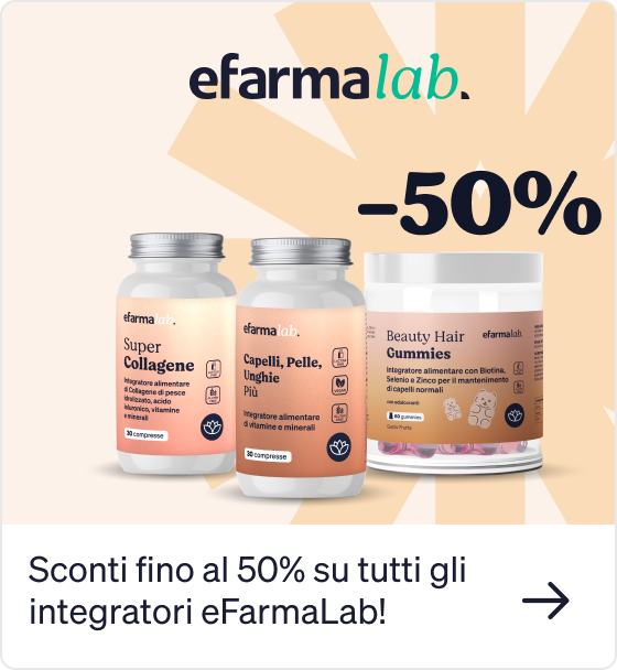 Three eFarmaLab supplement jars (collagen, hair and skin gummies) with a bold '-50%' discount badge