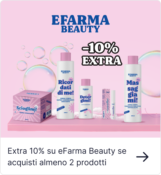 eFarma Beauty logo on pink background with five skincare products on a shelf and “-10% EXTRA” promotional text