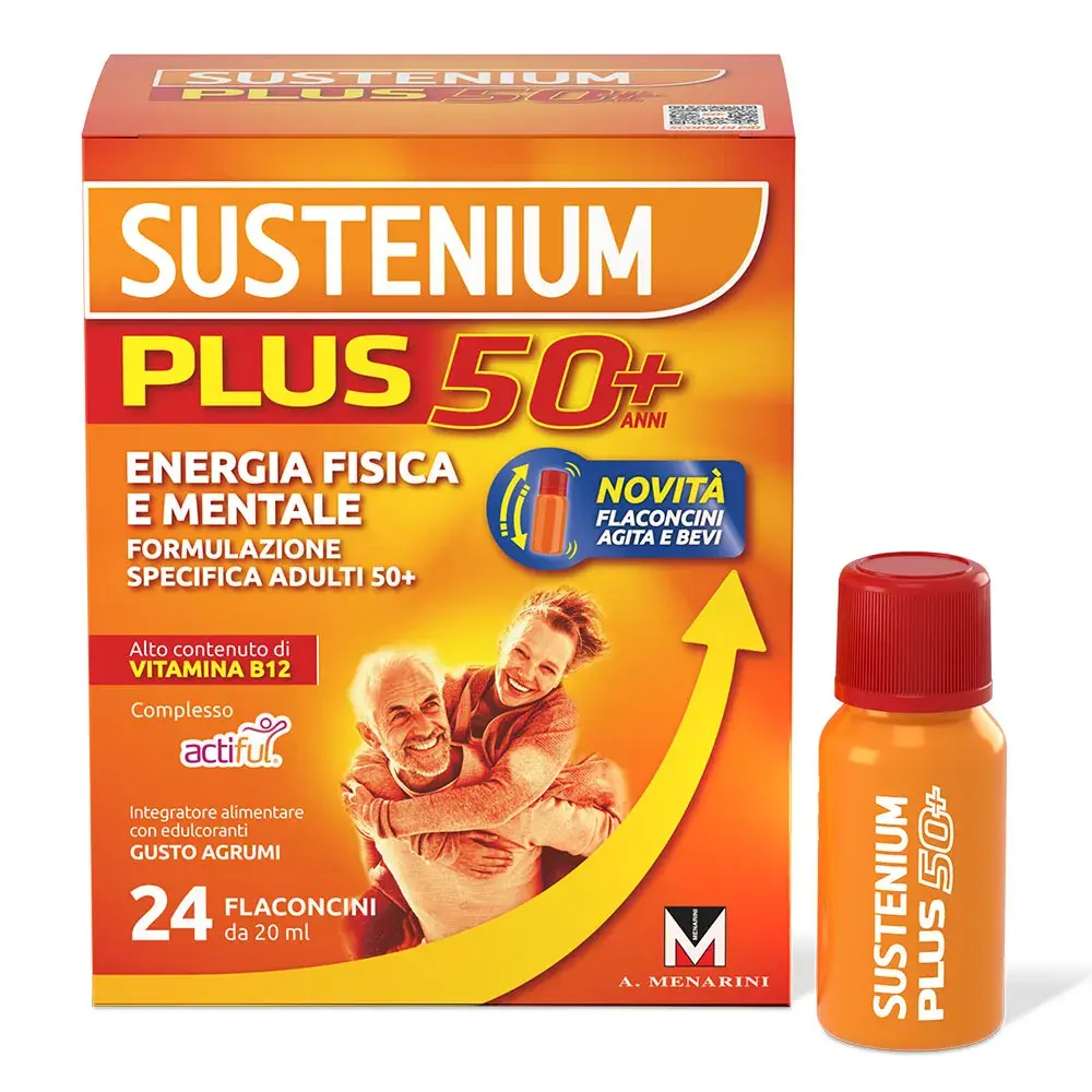 Sustenium Plus 50+ Integratore per Energia Fisica e Mentale Gusto Agrumi 24 Flaconi