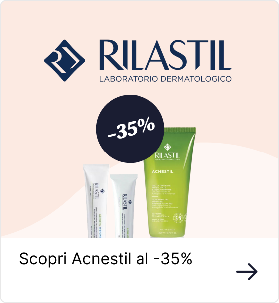 Rilastil logo and Acnestil acne-treatment products with prominent -35% discount badge