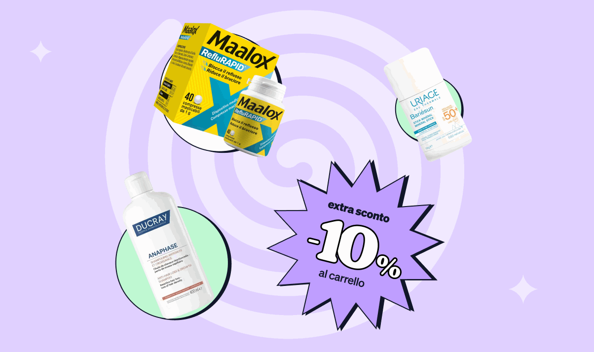 Repeating purple promotional pattern showing Maalox, Ducray and Uriage products with starbursts advertising an extra 10% discount