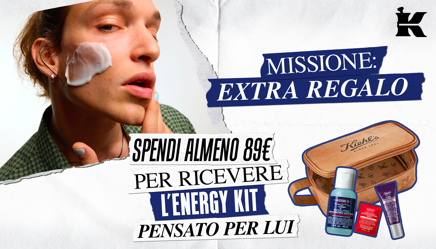 Banner Kiehl&rsquo;s &ldquo;Missione: Extra Regalo&rdquo;. Con una spesa minima di 89&euro; si riceve un astuccio firmato Kiehl&rsquo;s con 3 mini taglie uomo. Visual con modello e prodotti della linea maschile.