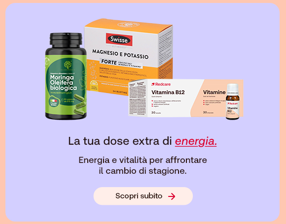 Integratori per l&rsquo;energia: Moringa biologica, Magnesio e Potassio Swisse Forte e Vitamina B12 Redcare. Testo: &ldquo;La tua dose extra di energia&rdquo;. Pulsante: &ldquo;Scopri subito&rdquo;.