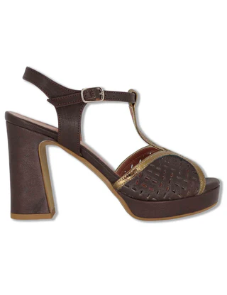 Sandali in pelle marrone e oro con tacco alto Donna 6267K 014