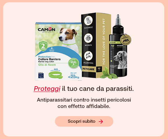 Prodotti antiparassitari per cani: collare barriera e spray protettivo. Testo: &ldquo;Proteggi il tuo cane da parassiti&rdquo;. Pulsante: &ldquo;Scopri subito&rdquo;.