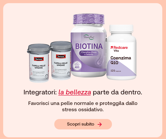 Integratori per la bellezza: Swisse Capelli Pelle Unghie, Biotina con zinco e selenio, e Coenzima Q10 Redcare. Testo: &ldquo;Integratori: la bellezza parte da dentro&rdquo;. Pulsante: &ldquo;Scopri subito&rdquo;.