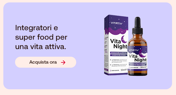 Integratore Vitativ Vita Night in flacone con contagocce e confezione viola. Testo: &ldquo;Integratori e super food per una vita attiva&rdquo;. Pulsante: &ldquo;Acquista ora&rdquo;.