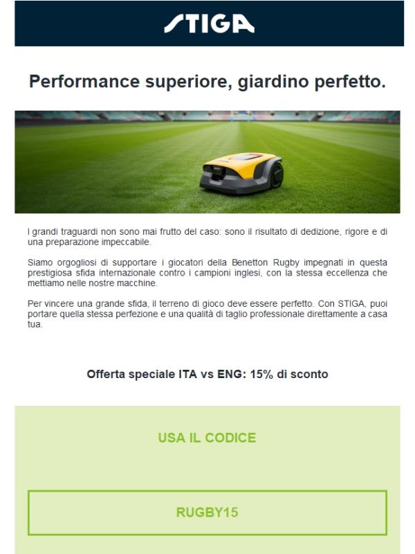 🏉 Eccellenza in campo e in giardino: ottieni uno sconto del 15%