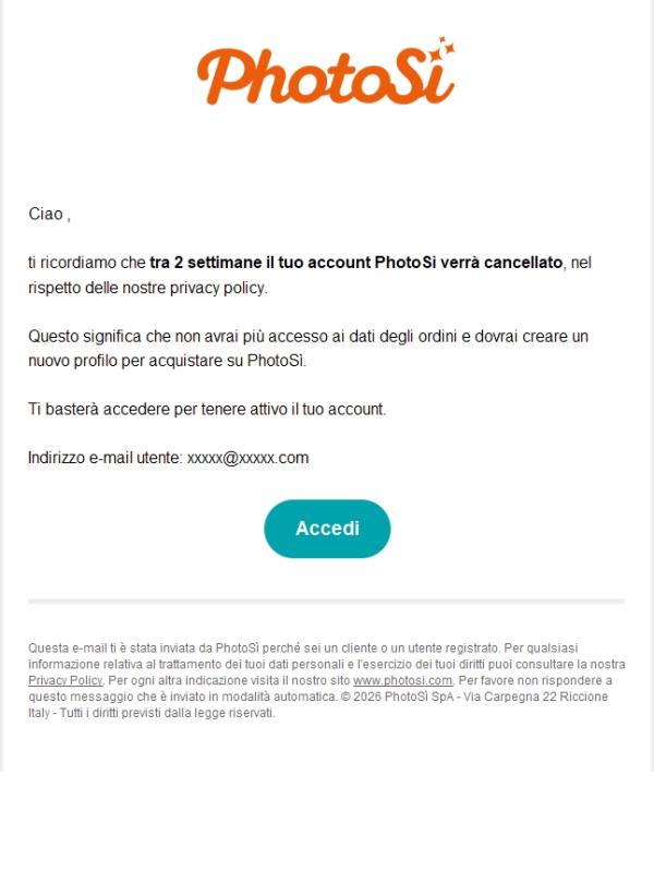 Il tuo account PhotoSì è in scadenza