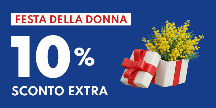 Women's Day banner showing '10% extra discount' text with a gift box, red ribbon and mimosa flowers on blue background