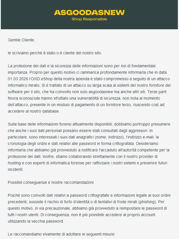 Informazione importante su un incidente di sicurezza presso asgoodasnew electronics GmbH – Comunicazione ai sensi dell’art. 34 del GDPR