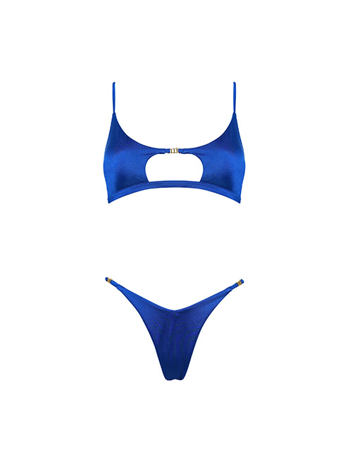 Blue women's bikini set with cut-out scoop top featuring gold clasp and high-cut thong bottoms on white background