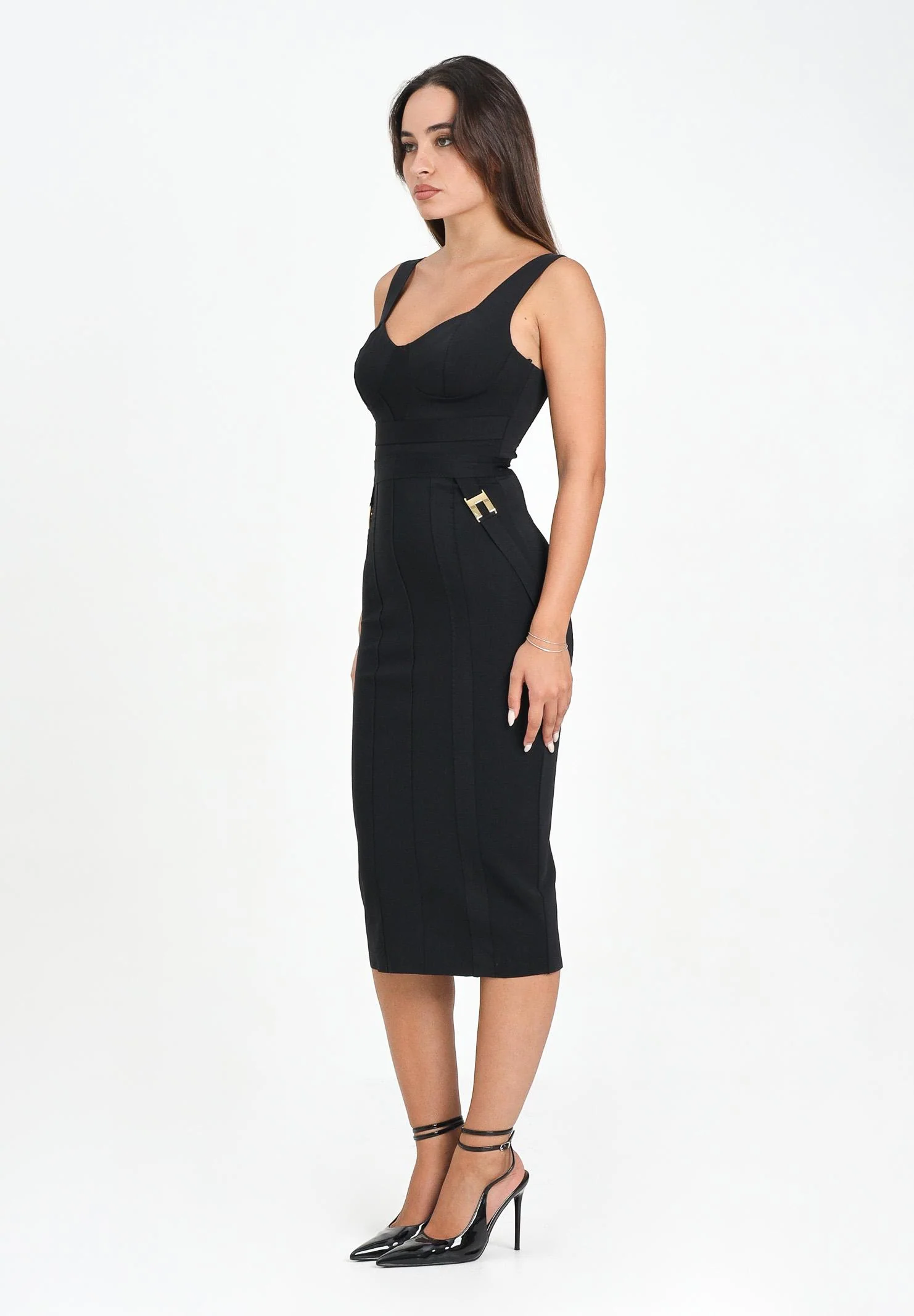 Image of ELISABETTA FRANCHI Abito midi nero da donna in tessuto bielastico
