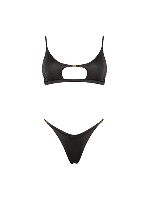 Black two-piece bikini with cut-out scoop top, gold clasp and high-cut V-front bottoms