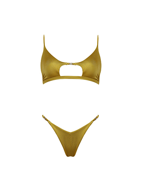 Gold metallic two-piece bikini with front keyhole cut-out and adjustable thin shoulder and hip straps on white background