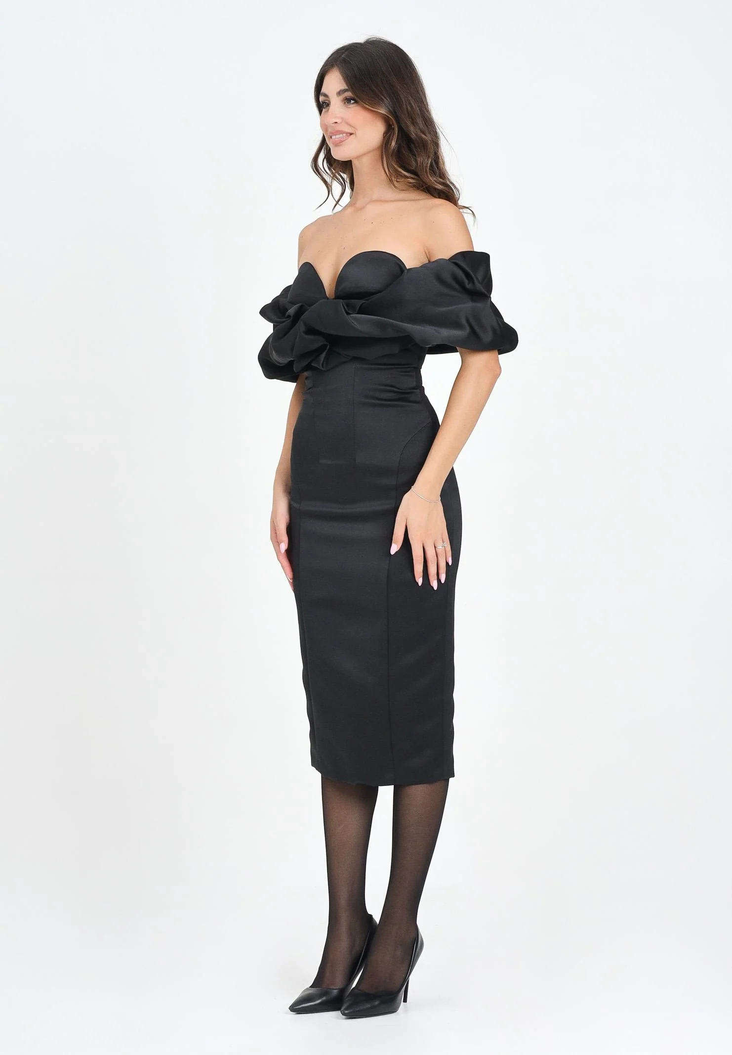 Image of ELISABETTA FRANCHI Abito midi nero da donna con scollo 3D