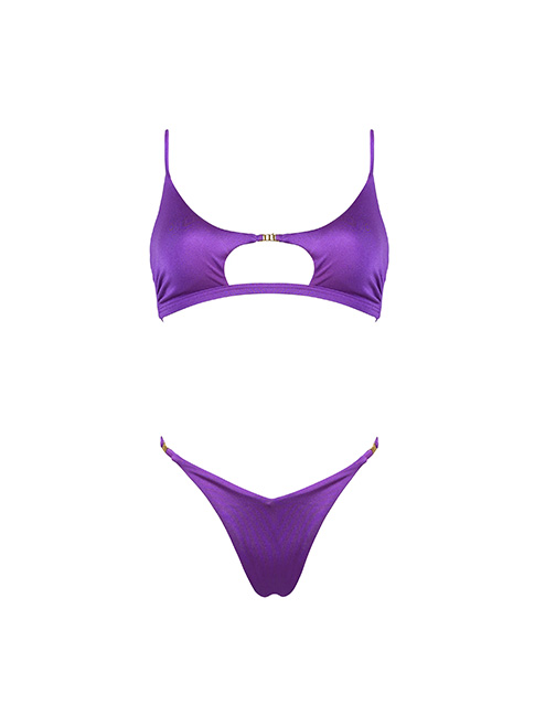 Purple two-piece bikini with scoop cut-out top and high-leg thong bottoms on white background