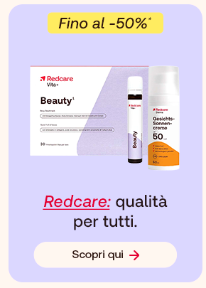 Due prodotti Redcare Beauty su sfondo lilla: integratore Beauty in flaconcini e crema solare viso SPF 50. In alto un bollino giallo indica: &ldquo;Fino al -50%&rdquo;. Testo: &ldquo;Redcare: qualit&agrave; per tutti&rdquo;, con &ldquo;Redcare&rdquo; evidenziato in rosso corsivo e sottolineato. Pulsante: &ldquo;Scopri qui&rdquo;.
