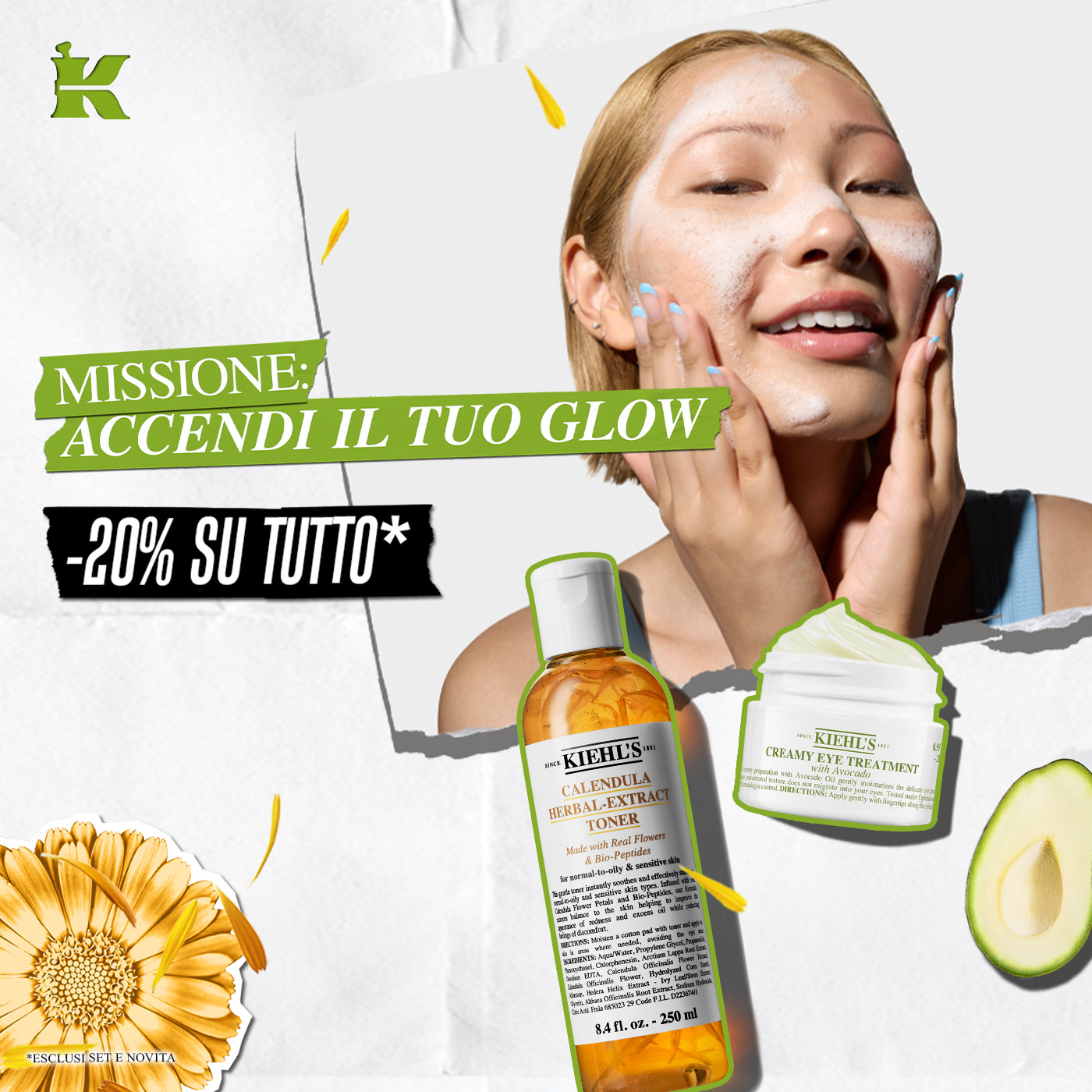Donna che massaggia detergente schiumoso sul viso con headline &ldquo;Missione: Accendi il tuo glow&rdquo; e banner &ldquo;-20% su tutto&rdquo;. In evidenza Calendula Herbal-Extract Toner e Creamy Eye Treatment with Avocado con elementi naturali.