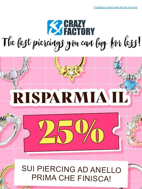 ⏰ La promozione del 25% sui piercing ad anello sta per finire, ! Approfittane prima di mezzanotte.