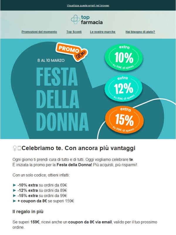 ♀️ Festa della Donna: fino al -15% + 8€ coupon