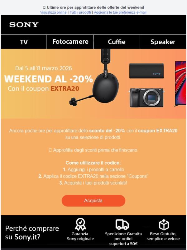 Ultimo giorno: -20% di sconto su una selezione di prodotti