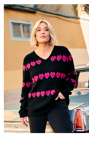 maglione, cuori, scollo a V, manica lunga