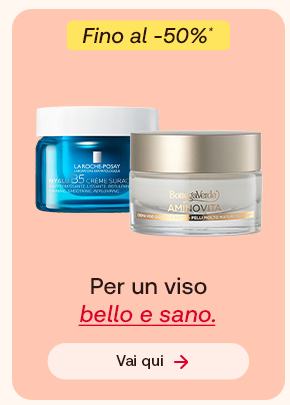 Due creme viso: La Roche-Posay Hyalu B5 e Bottega Verde Aminovita, su sfondo pesca. In alto un bollino giallo indica: &ldquo;Fino al -50%&rdquo;. Testo: &ldquo;Per un viso bello e sano&rdquo;, con &ldquo;bello e sano&rdquo; evidenziato in rosso corsivo e sottolineato. Pulsante: &ldquo;Vai qui&rdquo;.