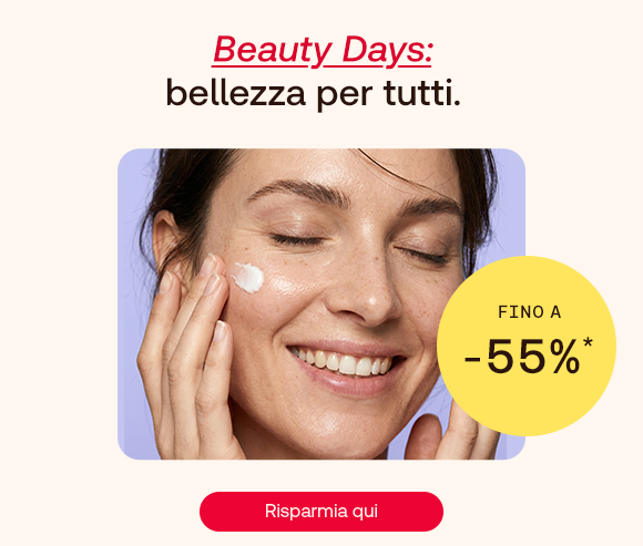 Donna sorridente applica una crema sul viso su sfondo lilla. In alto il testo: &ldquo;Beauty Days: bellezza per tutti.&rdquo;, con &ldquo;Beauty Days&rdquo; in rosso corsivo e sottolineato. A destra un bollino giallo indica: &ldquo;fino a -55%&rdquo;. In basso pulsante rosso: &ldquo;Risparmia qui&rdquo;.