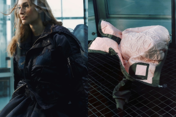 an image of a woman standing next to a luggage bag