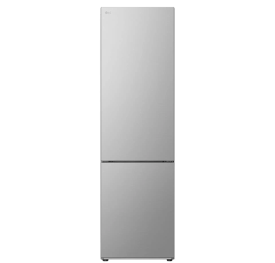 LG tall slim silver freestanding fridge freezer, bottom-freezer design with minimalist flat doors and recessed handles