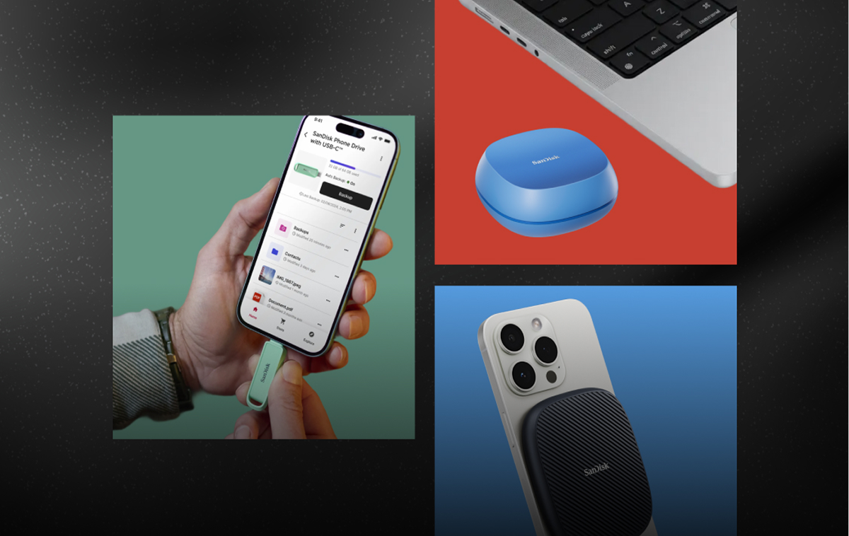 Tre immagini dei prodotti SanDisk: un'unit&agrave; telefonica che esegue il backup di uno smartphone, un SSD portatile blu vicino alla tastiera di un laptop e un'unit&agrave; magnetica nera sul retro di uno smartphone.
